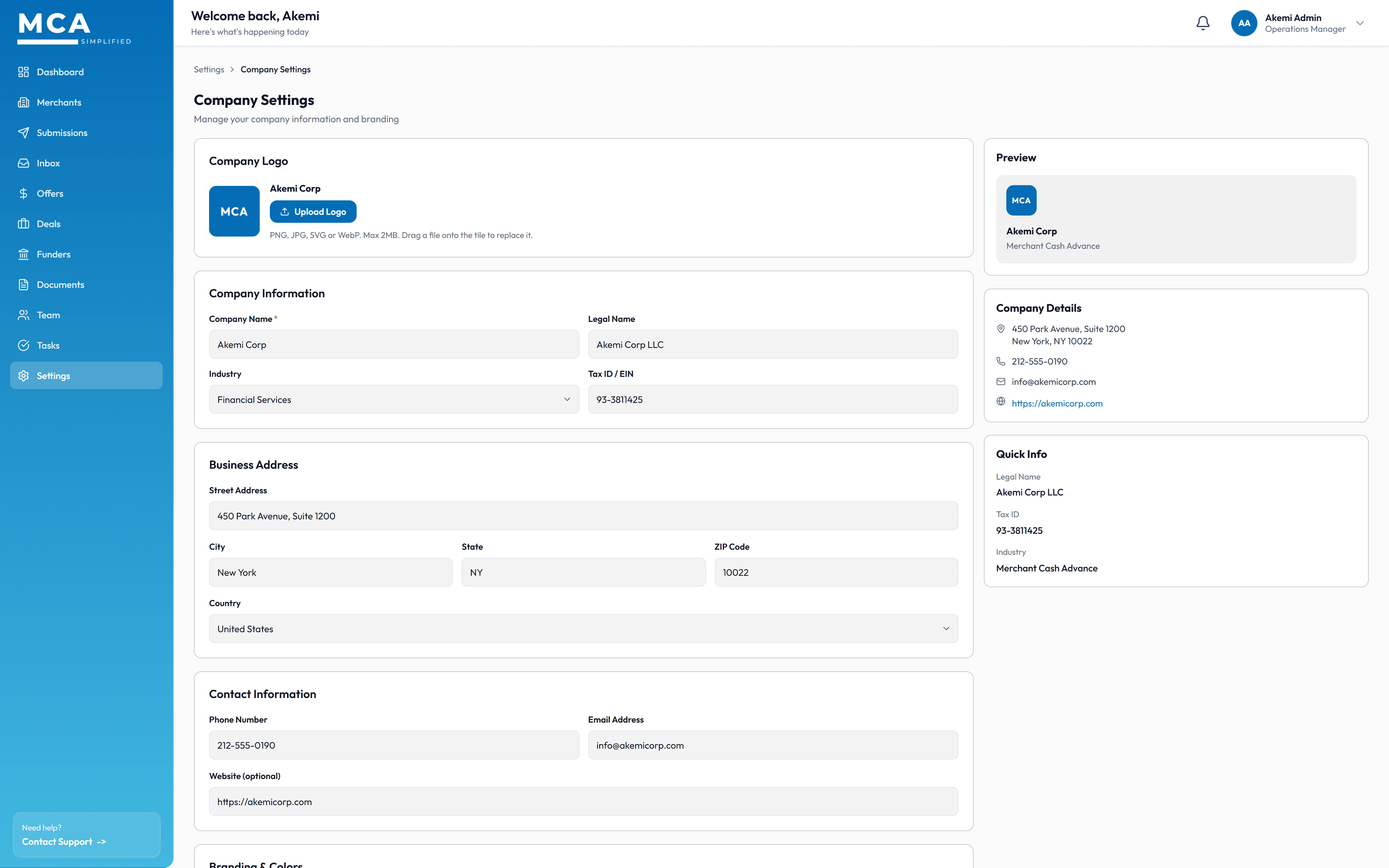 White-Label Portal screen inside MCA Simplified