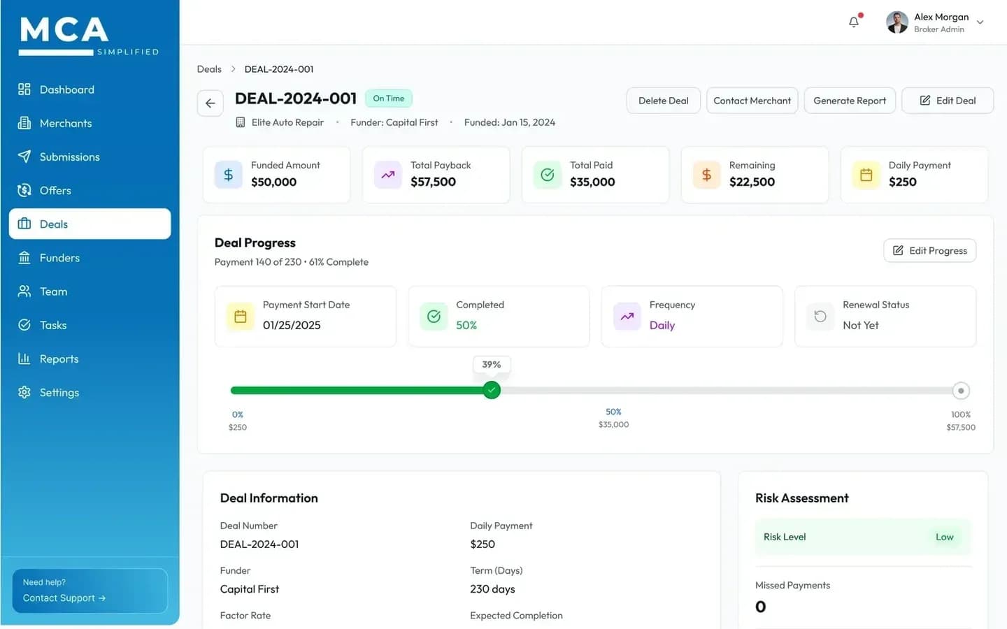 Deal Tracking screen inside MCA Simplified