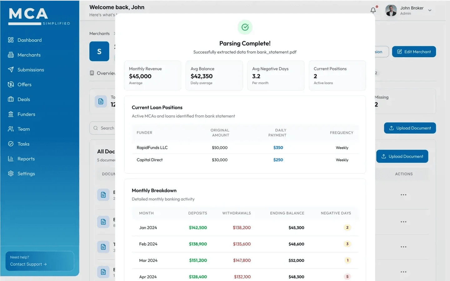Merchant CRM screen inside MCA Simplified