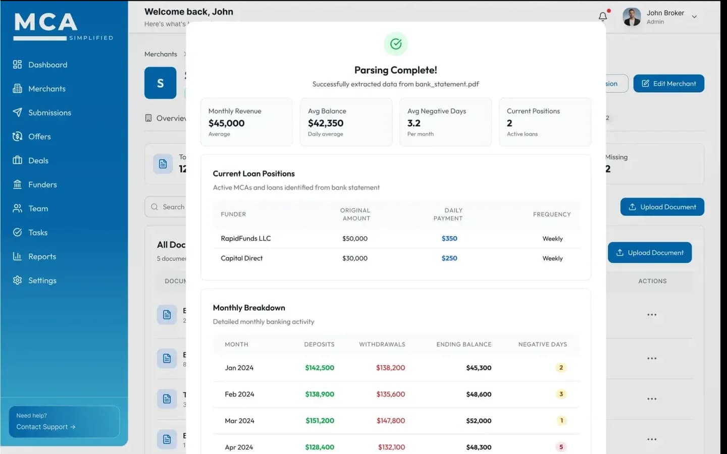 OCR Document Parsing screen inside MCA Simplified