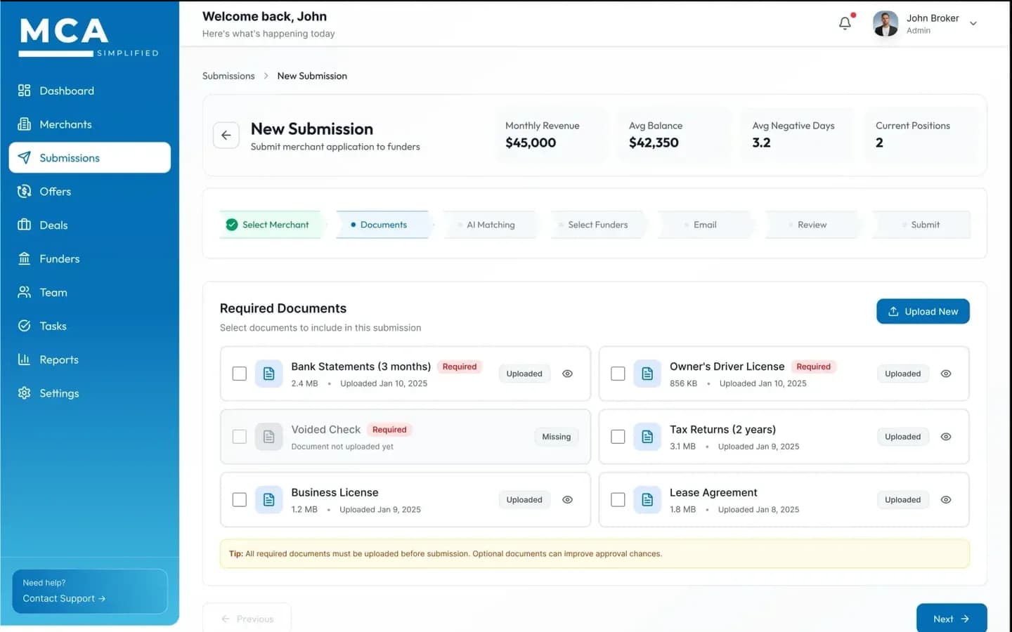 Submissions & Offers screen inside MCA Simplified