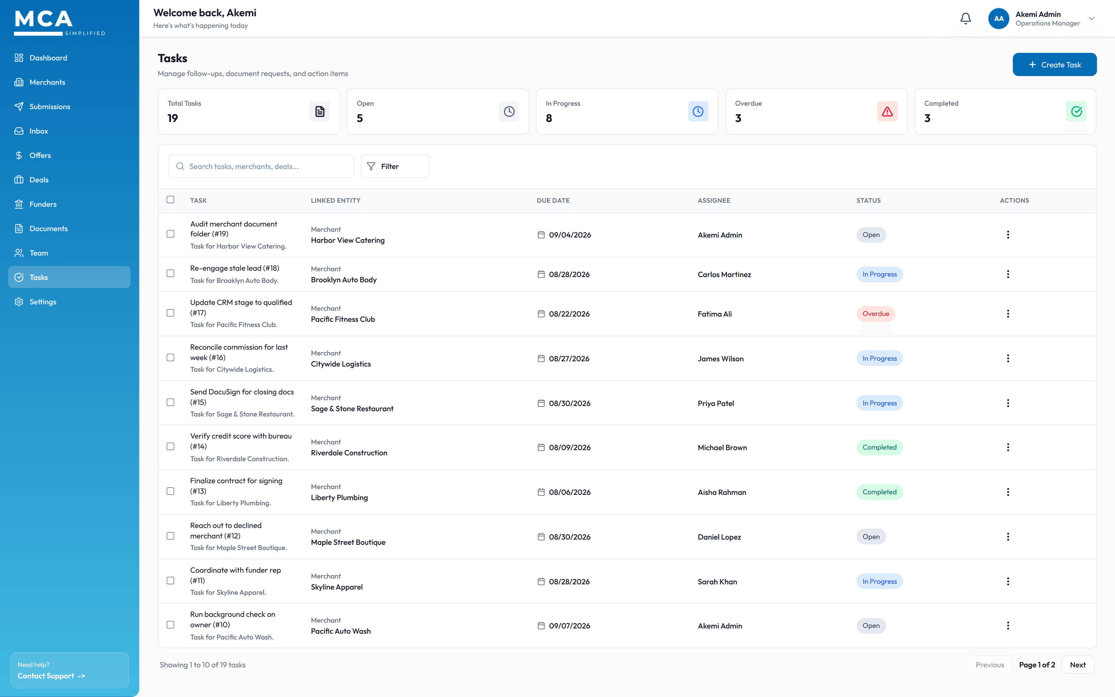 Tasks & Pipeline screen inside MCA Simplified